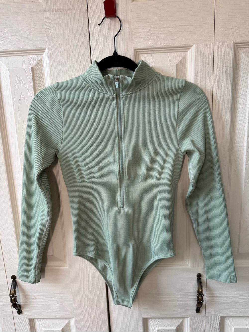 OQQ Ribbed Long Sleeve Zip Front Bodysuit Sage Green Mock Neck Size Medium
